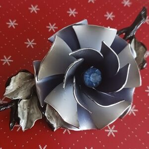Coro Vtg Silver and Blue Vintage Flower  Brooch